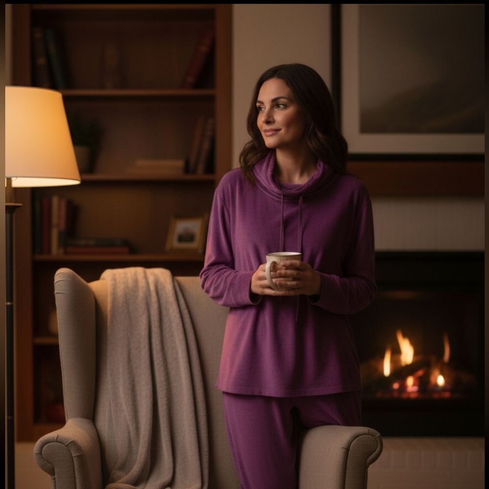 Roudelain Long Sleeve  Velour Pajama Loungewear Top Dark Purple Soft Cozy